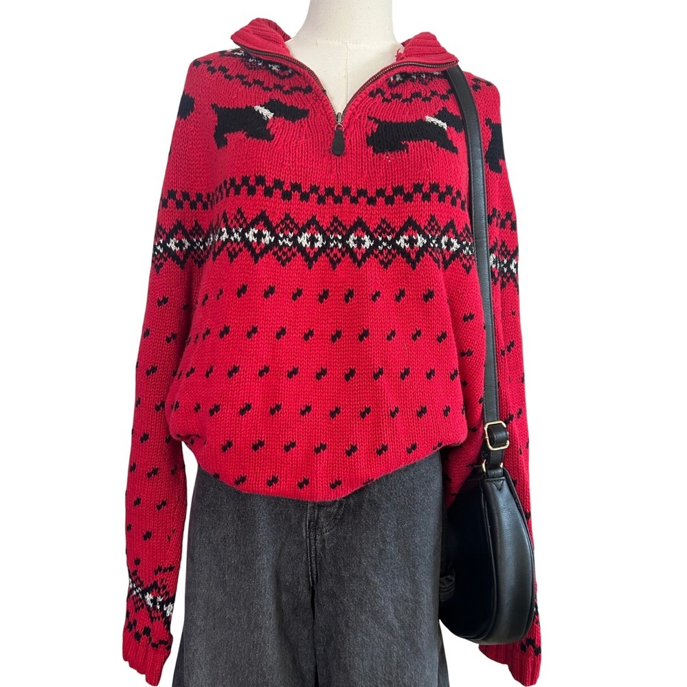 vintage 90s y2k‎ scottish terrier grandma sweater ~ quarter zip red pullover